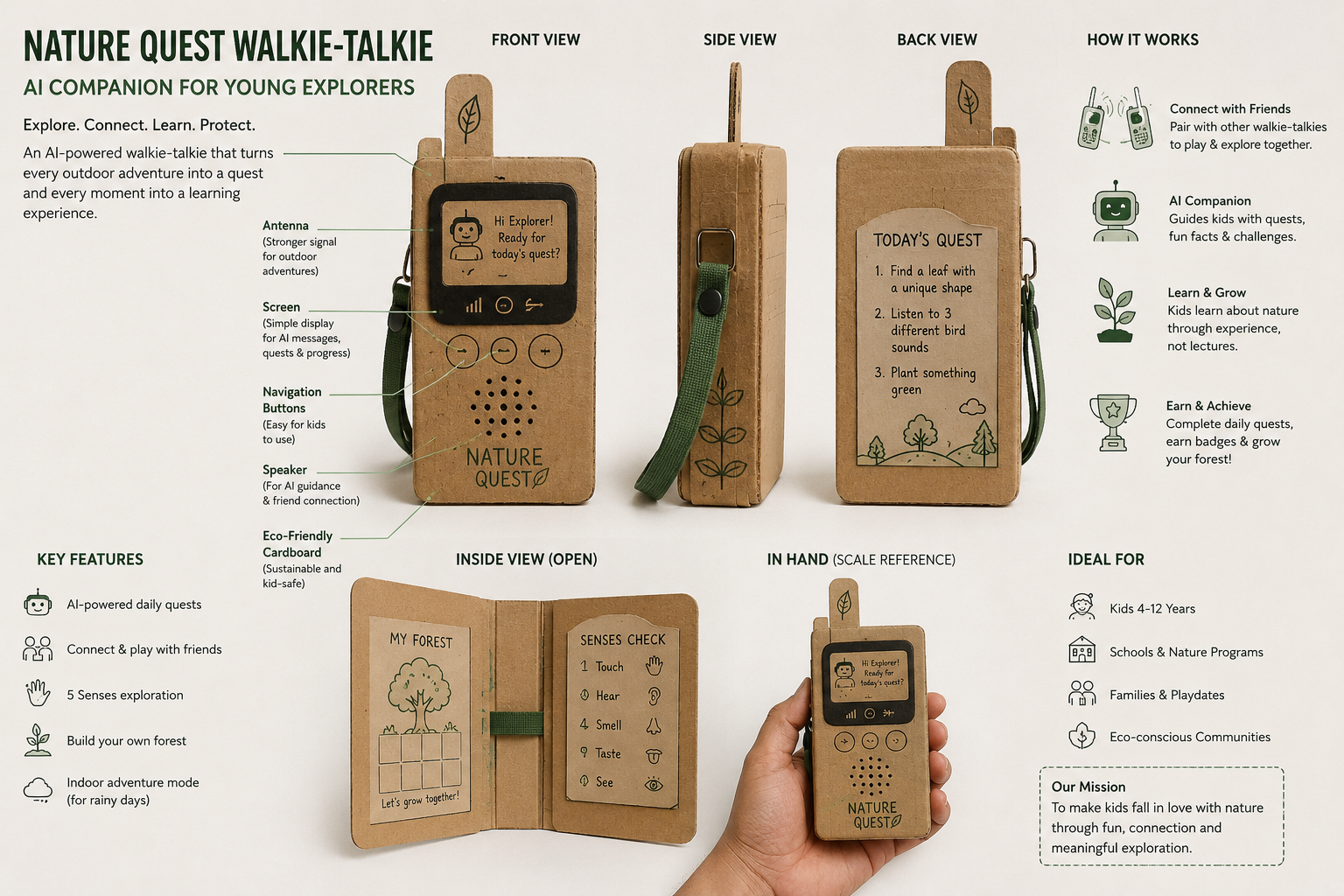 NatureQuest cardboard prototype spec sheet with front, side, back, inside and in-hand views