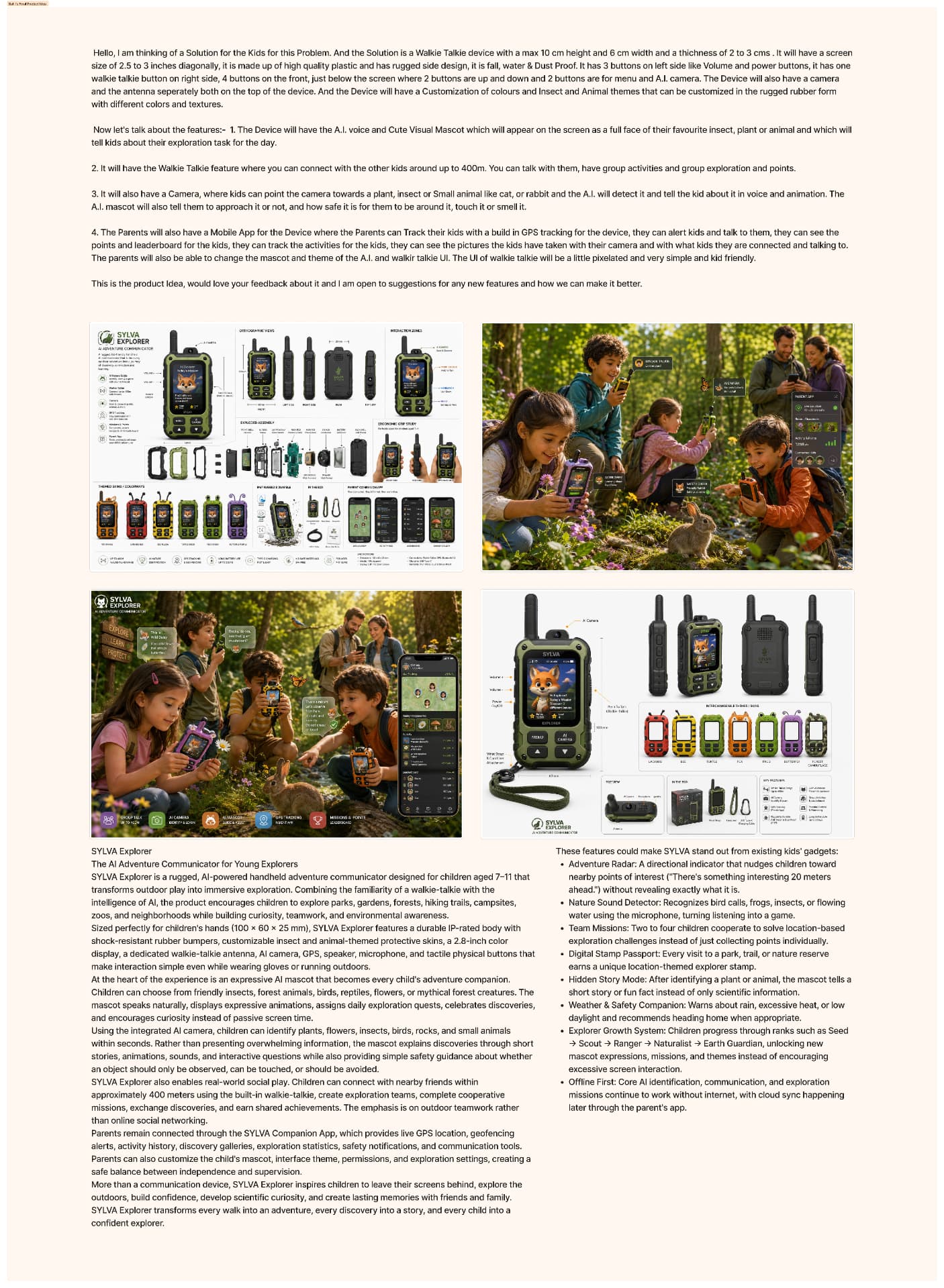 Full concept board for the SYLVA explorer communicator with orthographic views, colourways, in-context play and parent app