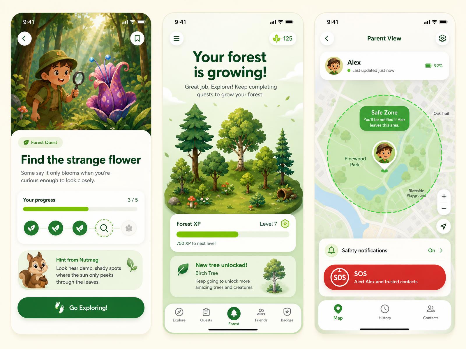 Three NatureQuest companion app screens: quest card, virtual forest growth and the parent safety map
