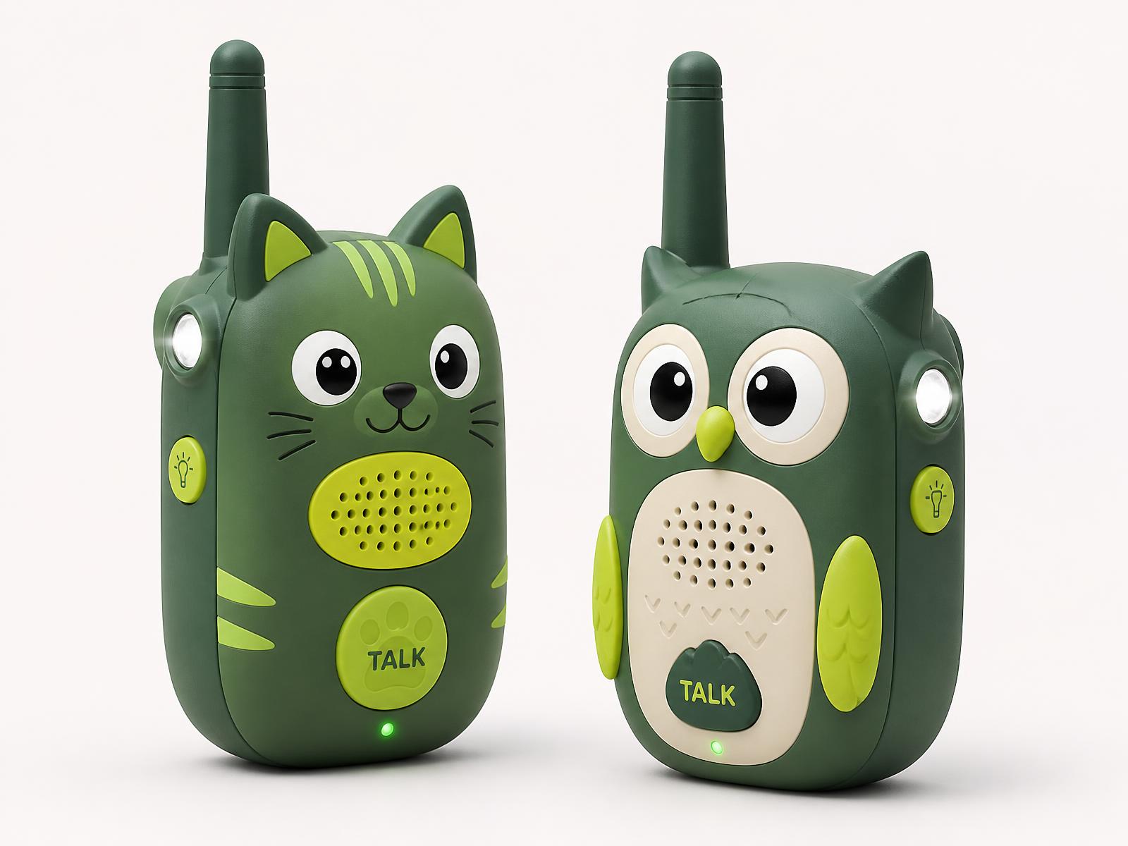 Product render of a green cat and owl shaped children’s explorer walkie-talkie pair