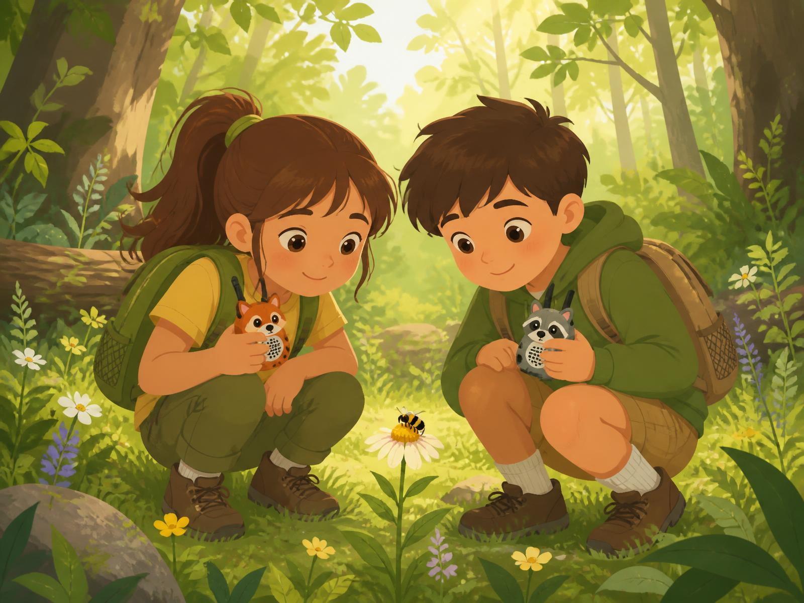 Two children crouched over a flower with a bee, each holding an animal walkie-talkie