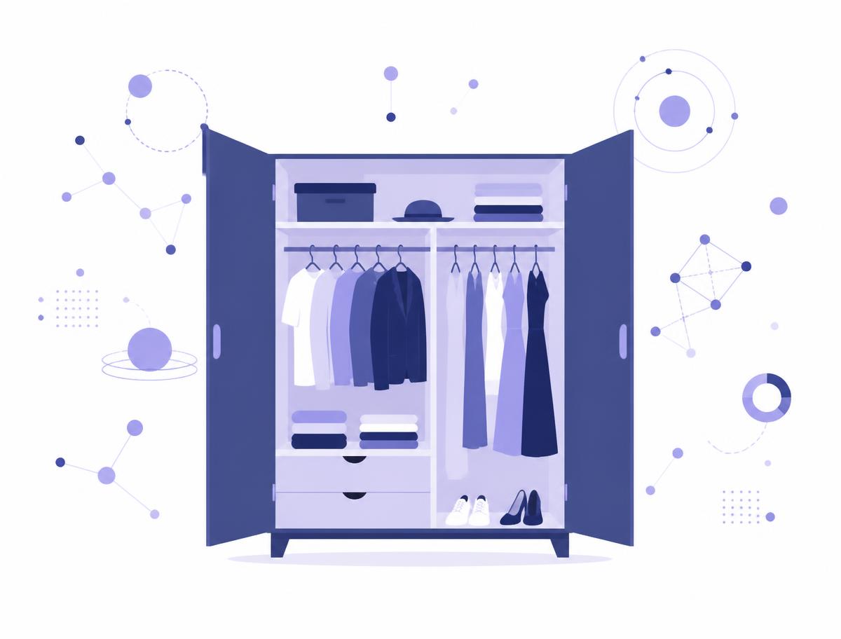 Illustration of a wardrobe surrounded by abstract AI data nodes