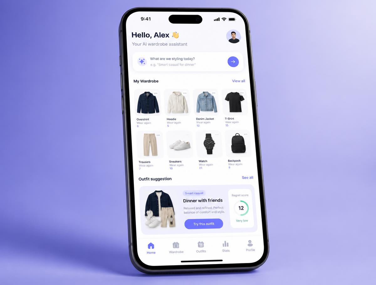 Aura home screen with wardrobe grid and an outfit suggestion card