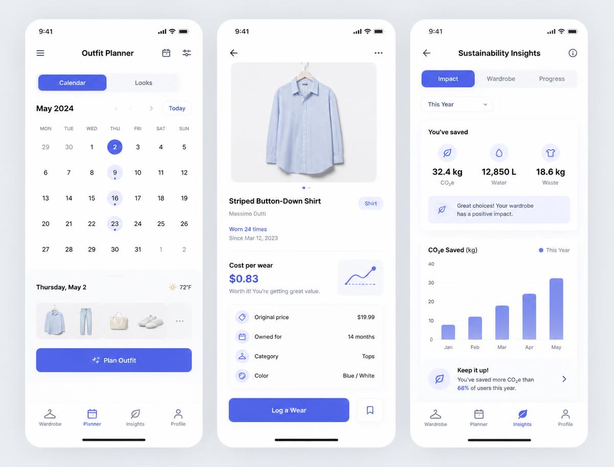 Aura outfit planner, item detail with cost per wear, and sustainability insights
