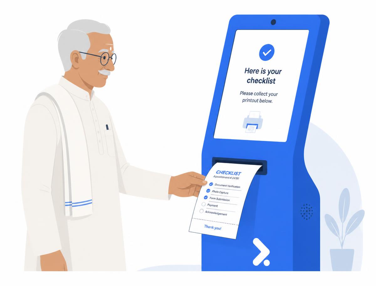 Illustration of an elderly man collecting a printed checklist from the kiosk