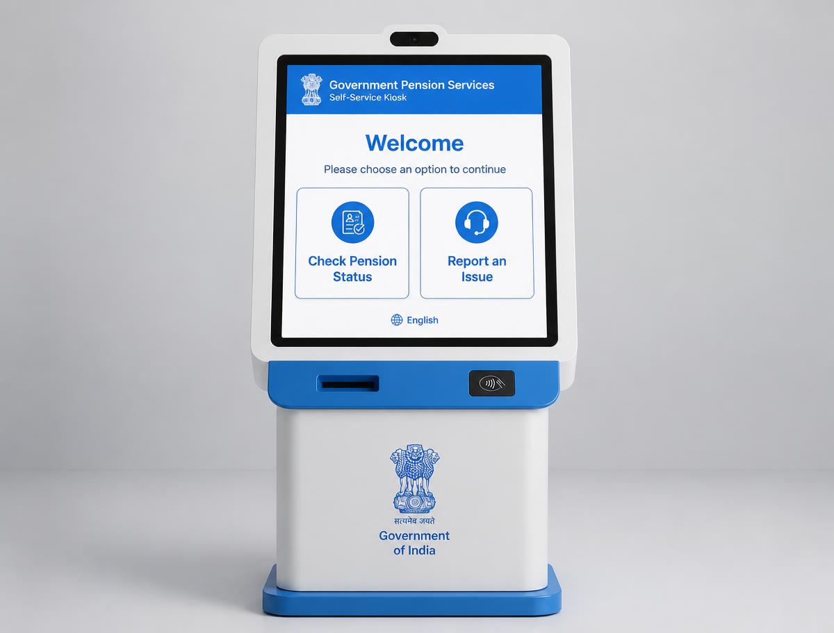 Pension Saathi kiosk welcome screen with two large options