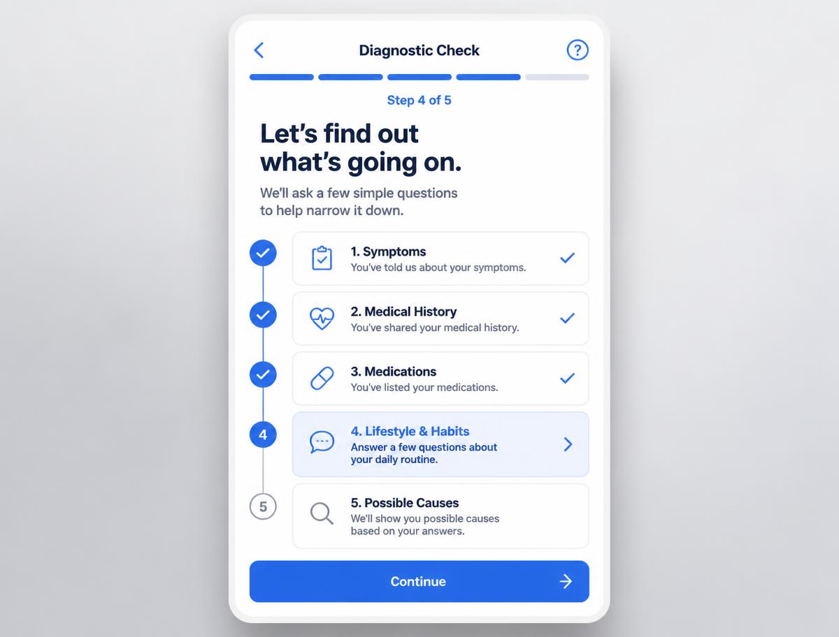 Step-by-step diagnostic flow screen with progress indicator