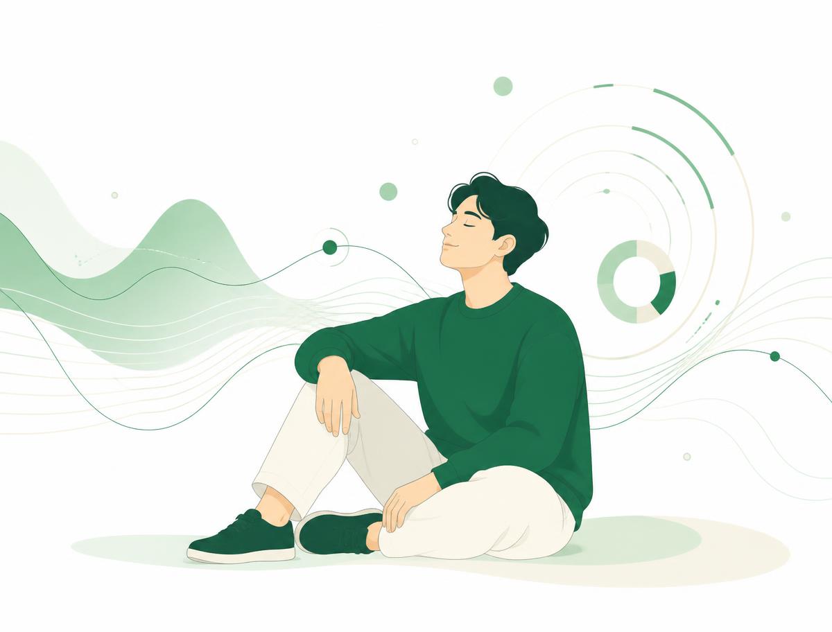 Illustration of a young adult surrounded by soft data waveforms
