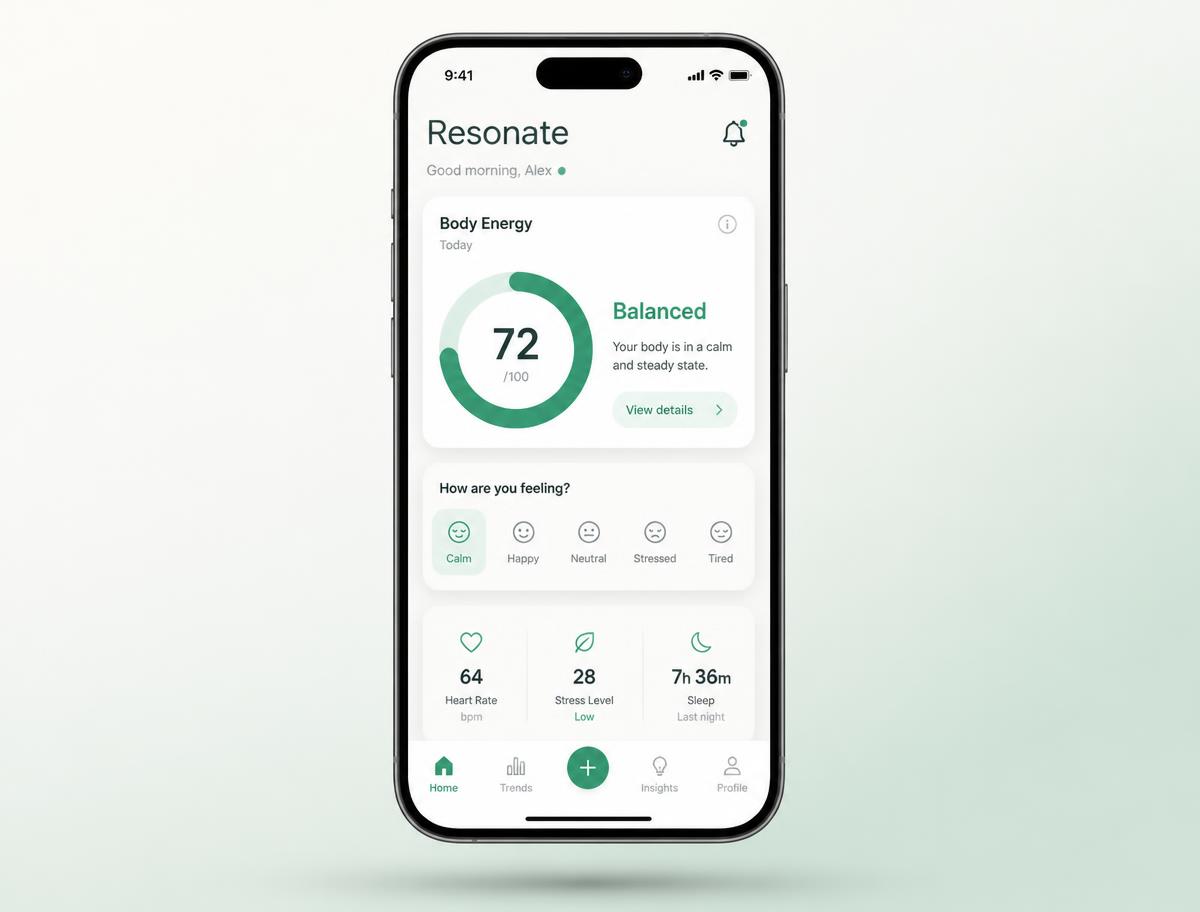 Resonate home screen showing a body energy ring and mood chips
