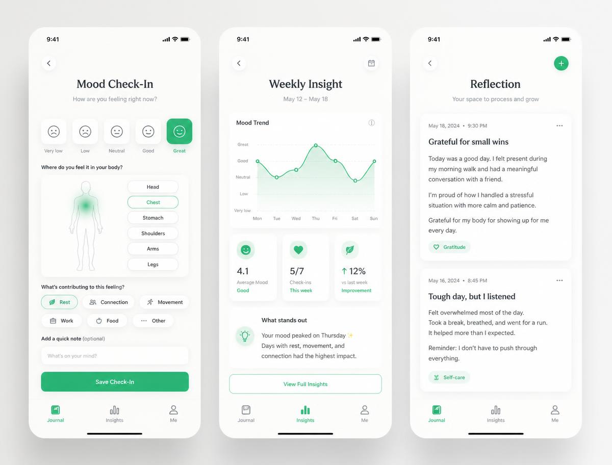 Three Resonate screens: mood check-in, weekly insight and reflection journal